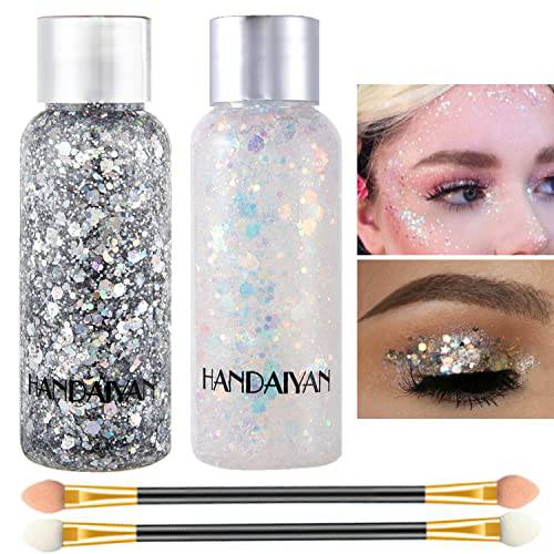 2 Color Body Glitter Gel Mermaid Scale Sequins Skin Long Lasting Sparkling Cream Eyeshadow Lip Nail Hair Painting Glitter Decorate Art Festival Party Make up Powder (Silver,White),with 2 Sponge Brush