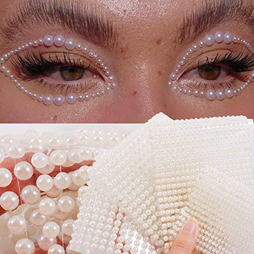 White Pearl Eyes Face 3D Self Adhesive Nail Rhinestones Temporary Tattoo Gems Dots Jewelry DIY Body Art Accessories Festival Decorations 4 Sheets