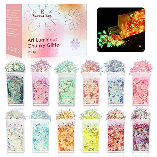 Chunky Glitter for Makeup, Glow in The Dark Glitter, Eleanore’s Diary 12 Colors Art Luminous Chunky Glitter Sequins for Resin Nail Body Face Party Decor or Card Making Carnival Rave Craft Glitter Set