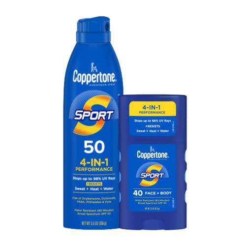 Coppertone SPORT Sunscreen Spray SPF 50 + Face Sunscreen Stick SPF 40, Water Resistant Sunscreen, Broad Spectrum SPF 50 Sunscreen and Facial Sunscreen Pack, (5.5 Oz Spray + 1.5 Oz Stick)