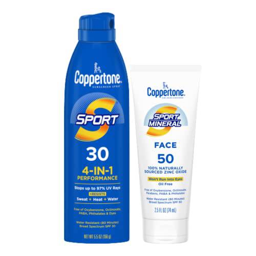 Coppertone SPORT SPF 30 Sunscreen Spray + SPORT Face SPF 50 Mineral Based Sunscreen Lotion Multipack (5.5 Ounce Spray + 2.5 Fluid Ounce Lotion)