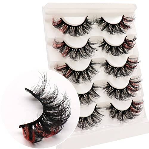 Veleasha Colored Lashes Red End 6D Wispy Lashes D Curl 5 Pairs Pack False Eyelashes for Dramatic Eye Makeup (Red-C02)