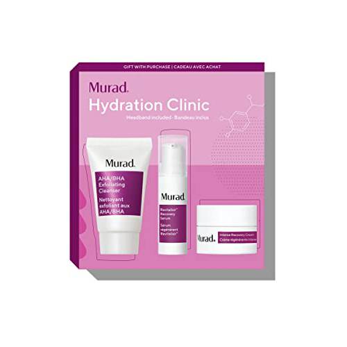 Murad Hydration Clinic Trial Set, includes headband gift with purchase ($38 Value) - AHA/BHA Exfoliating Cleanser, Revitalixir Recovery Serum, Intense Recovery Cream and Headband – Hydrating Treatment Kit for Dry Skin