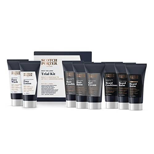 Scotch Porter Men’s Collection Trial Kit | Includes 8 - 1 oz Bottles of Face Wash & Lotion, Hair Balm, Conditioner, Hair Gel Cream, Beard Conditioner, Beard Balm, and Beard Balm Shape + Hold