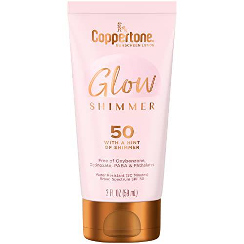 Coppertone Glow with Shimmer Sunscreen Lotion SPF 50, Water Resistant Sunscreen, Broad Spectrum SPF 50 Sunscreen Travel Size, 2 Fl Oz Bottle