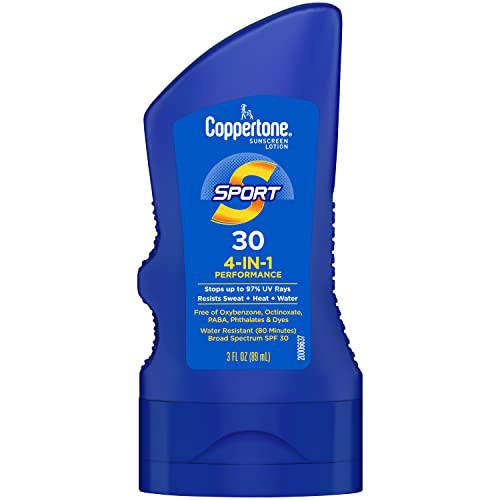 Coppertone SPORT Sunscreen SPF 30 Lotion, Water Resistant Sunscreen, Body Sunscreen Lotion, Travel Size Sunscreen, 3 Fl Oz