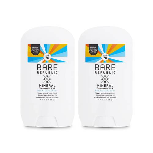 Bare Republic Mineral Sunscreen SPF 70 Sunblock Stick, Sheer and Non-Greasy Finish, Unique TearShape For Easy Appication, 2 Oz Each, 2 Pack