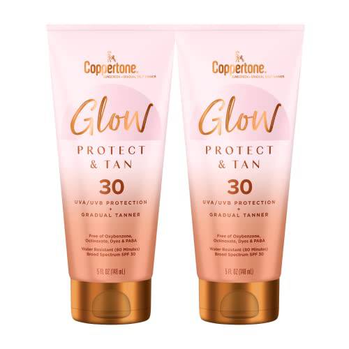 Coppertone Glow Protect and Tan Sunscreen Lotion with Gradual Self Tanner, Water Resistant Sunscreen SPF 30, Broad Spectrum SPF 30 Sunscreen Pack, 5 Fl Oz Tube, Pack of 2