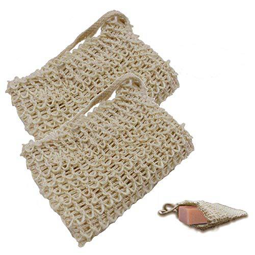 2 Pack Soap Exfoliating Bag Natural, Soap Saver with Drawstring and Wooden Bead Holder,Exfoliating Loofah Pouch For Bathroom shower
