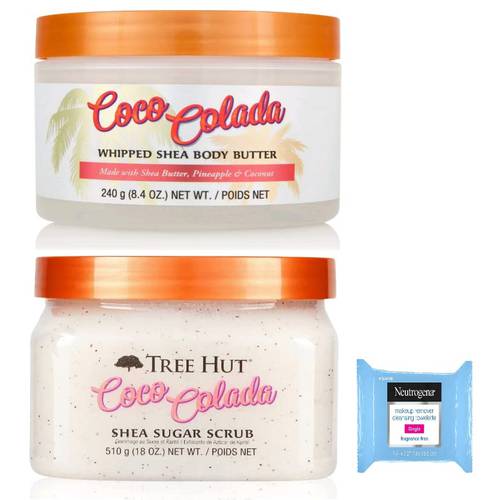 T H Tree Hut Shea Sugar Body Butter, Coco Colada, with Single Fragrance-Free Makeup Remover Cleansing Towelettes