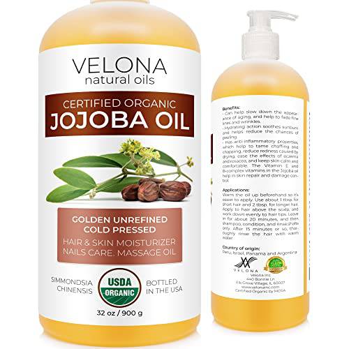 Velona Jojoba Oil USDA Certified Organic - 32 oz (With Pump) | 100% Pure and Natural Carrier Oil| Golden, Unrefined, Cold Pressed, Hexane Free | Moisturizing Face, Hair, Body, Skin Care, Stretch Marks, Cuticles