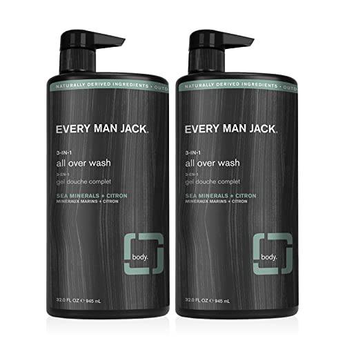 Every Man Jack Sea Minerals + Citron Mens 3-in-1 All Over Wash for All Skin and Hair Types - Notes of Sea Mineral, Bergamot, Citrus - Cleanse, Nourish, and Protect Your Skin and Hair with Naturally Derived Soy Proteins, Aloe, Glycerin - 2 Bottles