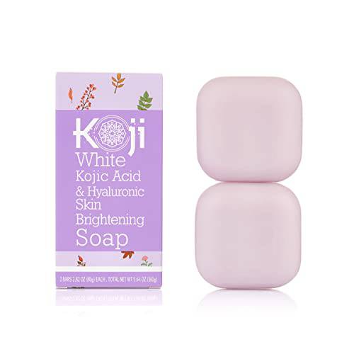 Koji White Kojic Acid & Hyaluronic Acid Skin Brightening Soap for Hydrating Face Moisturizer, Dark Spots, Anti-Aging, Reduces the Appearance of Wrinkles with Vitamin E, Cruelty-Free, 2.82 oz (2 Bars)