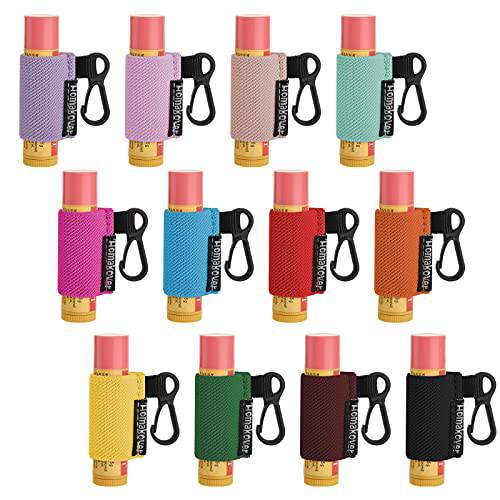 Homakover 12 Pack Compact Clip-On Chapstick Holder Keychain in 12 Colors,Lip Balm Sleeves with Clip, Fits Most Standard Lip Balm,Tight-Knit Elastic Lip Balm Keychain Holder