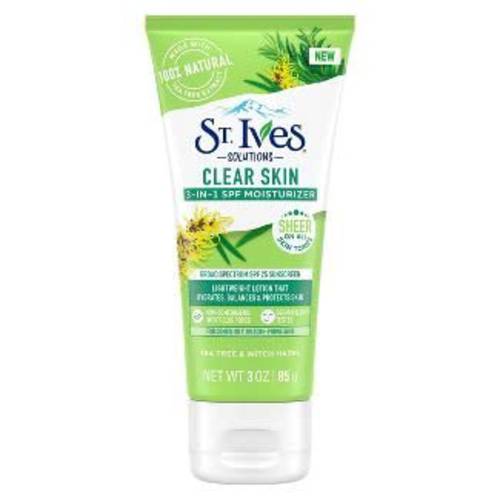 St. Ives Solutions 3-in-1 SPF 25 Moisturizer Hydrates and Balances Oily to Acne Prone Skin, Sheer SPF Clear Skin Made with 100 percent Natural Tea Tree Extract and Witch Hazel 3 oz