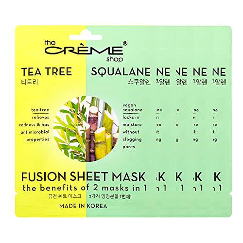 The Crème Shop Tea Tree & Squalane Fusion Sheet Mask, Korean Sheet Mask, Tea Tree Face Mask with Vegan Squalane and Hyaluronic Acid, Acne Face Mask (5 Masks)