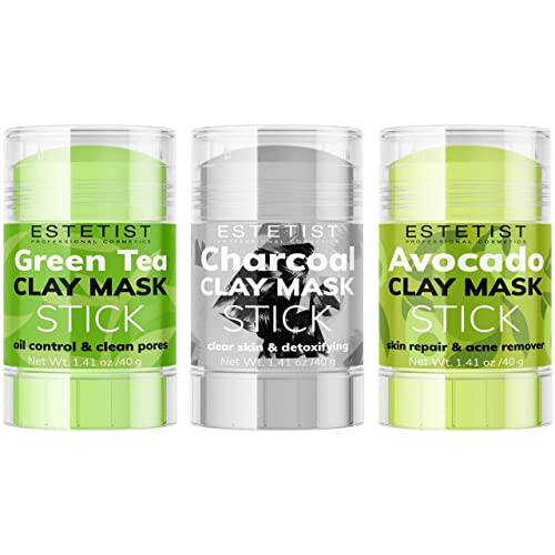 Green Tea Avocado Charcoal Clay Mask Stick Set Purifying Face Mask Replenishing Moisture Deep Pore Cleanser Blackhead Remover Anti-Acne Treatment Skin Care All Skin Types Gift for Women Pack of 3