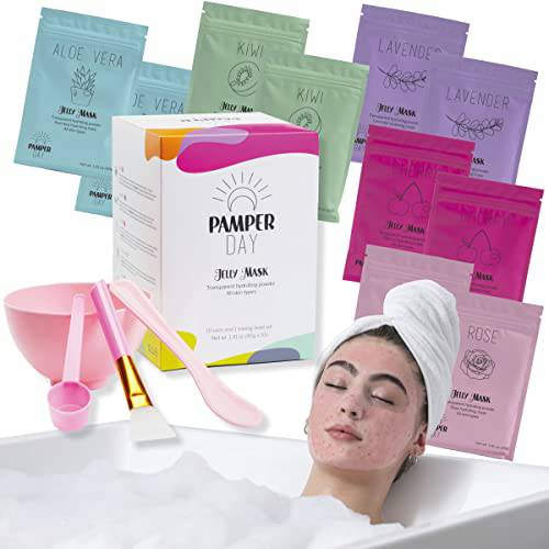 Pamper Day - Jelly Masks for Facials, Peel Off Face Mask Bundle Kit, Jelly Mask Facial Kit for Skin Care, Spa Mask Set With 10 Fruit Peel Masks, Silicone Brush, Mixing Bowl, Spatula, & Measuring Spoon