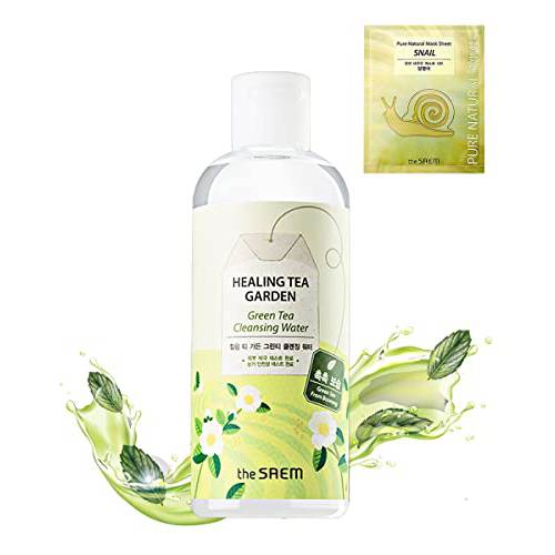 [the SAEM] Healing Tea Garden Green Tea Micellar Cleansing Water 300ml with 1 x Facial Mask Sheet, One Step No Wash Refreshing & Moisturizing All-in-One Makeup Remover