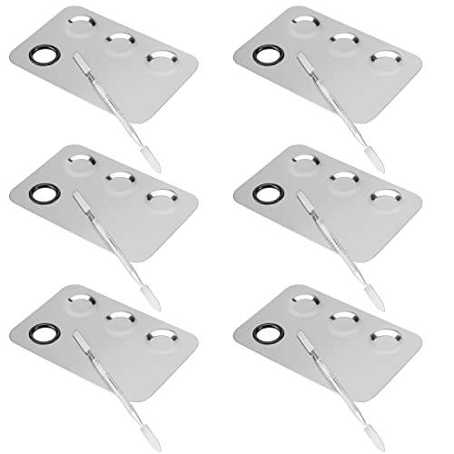SEUNMUK 6 Pack 6 x 4 Inch Stainless Steel Cosmetic Palette with Spatula, 3-well Mixing Makeup Palette Nail-art Mixer Metal Tray for Foundation, Pigment, Nail Polish Blending, Silver