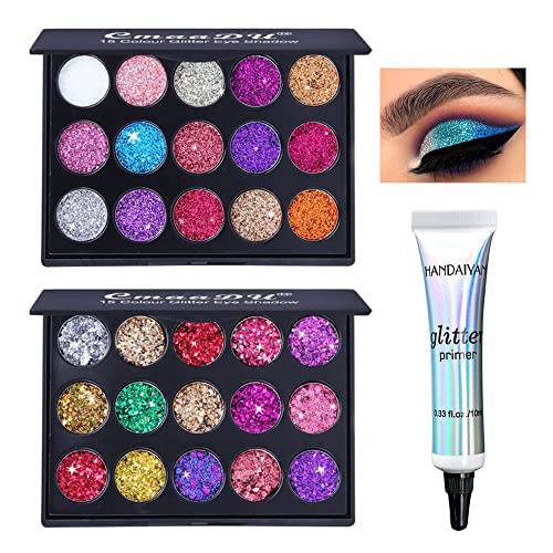 Yeweian Glitter Eyeshadow Palette, 30 Colors High Pigmented Eye Glitter Makeup Set, Colorful Eyeshadow Palette, Face Glitter Palette with Liquid Eyeshadow Primer Base, Glitter Primer (Set 01)