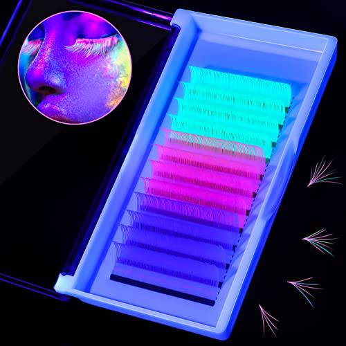 Halloween Neon Color Eyelash Extensions Halloween Party Makeup Eyelashes UV Curl Mix Colored Lash Extension Glow in The Dark Lash Extensions, Mix Color (Green, Pink, Blue,15-20 mm)