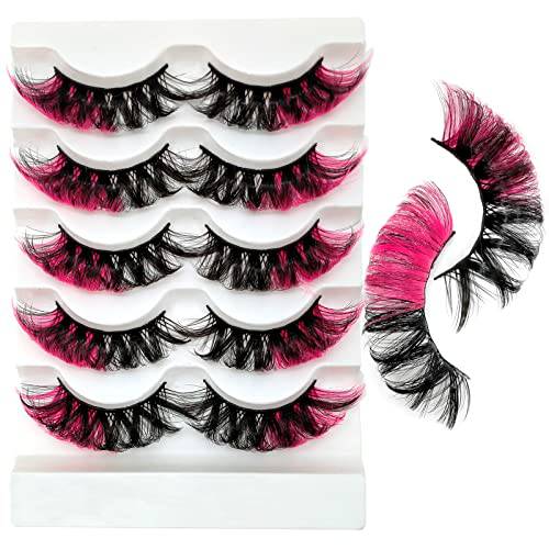 Pink Colored Russian Strip Lashes 5 Pairs D Curl Strip Lashes with Color on End 22mm Fluffy False Eyelashes with Color Wispy Volume Fake Eyelashes Pack, by Kmilro（Pink Color）