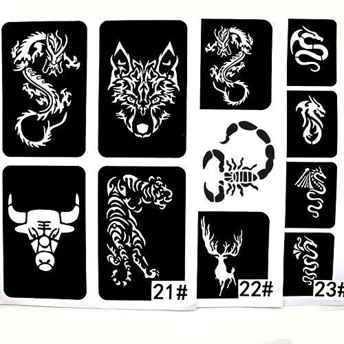 Xmasir 3 Sheet 22Pcs Cool Drawing Glitter Tattoo Stencil for Men, Wolf Dragon Tiger Skull Animal Airbrush Stencils & Templates