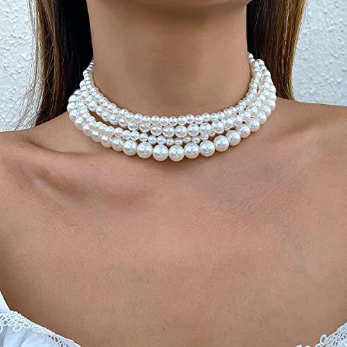Minzaos BETHNISIER Dainty Pearl Layered Necklace for Women Girls White Faux Pearl Strand Layered Choker Bridal Necklace Wedding Jewelry for Women Girls