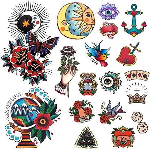 PUSNMI Vintage Temporary Tattoo for Men Women Flower Butterfly Realistic Waterproof Temporary Tattoos Sun Moon Poker Pigeon Custom Traditional Tattoo Old School Stickers for Arm Hand Foot Party Club