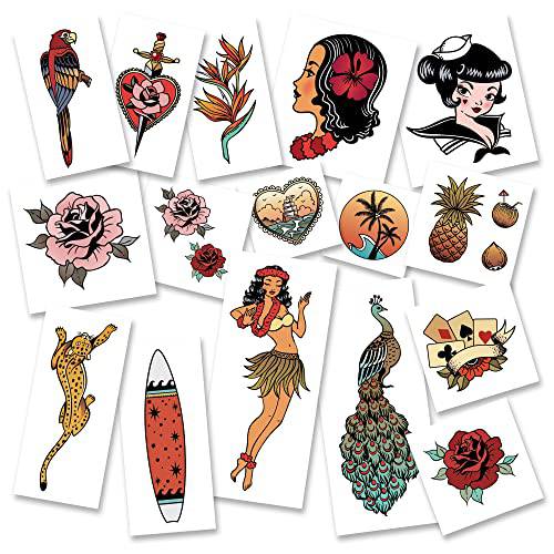Old School Hawaiian Temporary Tattoos | Pack of 16 | Sailor Jerry Style | MADE IN THE USA | Skin Safe | Removable