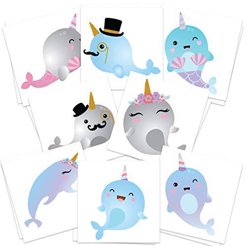 Narwhal Temporary Tattoos | Pack of 36 Shimmering & Full Color Designs | MADE IN THE USA | Skin Safe | Party Supplies & Favors | Removable