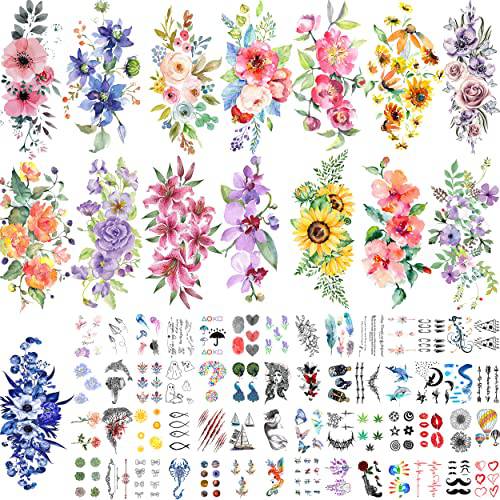 Quichic 180 Designs Big and Lasting Temporary Tattoo Watercolor Flowers Roses Peony Multiple Color Mixing Arm Neck Face Temporary Tattoos for Women