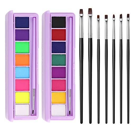 Water Activated Eyeliner Palette with Makeup Brush Set, 16 Colors Face Body Paint Makeup Palette Set for Art Parties, Theater, Halloween, Cosplay, UV Glow Eyeshadow Palette for Women （A+B）