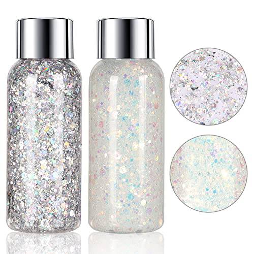 2 PCS Mermaid Sequins Chunky Glitter Liquid,Body&Face Glitter Gel,Hair Nails Eyeshadow Lasting Sparkling Makeup,Music for Festival Party Carnival(White+Silver)