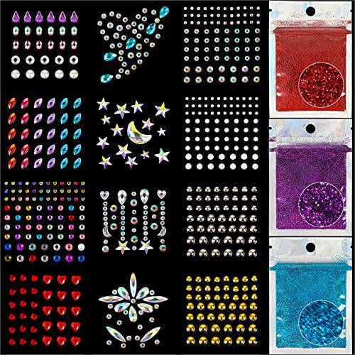 12Sheets Face Jewels Euphoria Makeup Clothes Outfit+24g Face Body Fine Glitter, Rhinestones Stickers Festival Rave Accessories Costume Gifts For Women-Nail Eye Gems Jewels Rhinestones Stick On Earrings