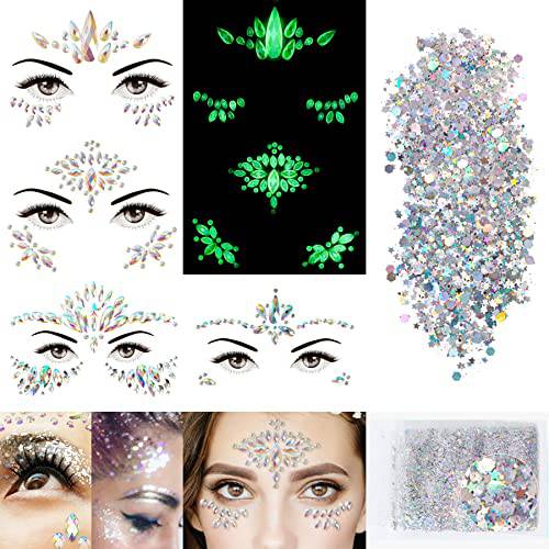 4 Sheets Euphoria Face Gems+10g Chunky Glitter, Rhinestones Stickers Glow in The Dark-Luminous Gems Body Makeup for Music Festivals Rave Carnival Cosplay Gifts for Women(2Luminous)