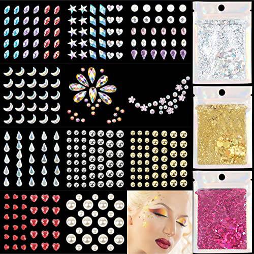 12 Sheets Face Gems Stickers Face Jewels Tattoo+15g Holographic Chunky Face Body Hair Glitter, DECOYARDOO Self-Adhesive Rhinestone Makeup Mermaid Rave Outfits Clothes Festival Accessories for Women