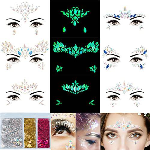 6Sheets Face Jewels Gems Self-Adhesive Rhinestone+30g Chunky Face Body Eye Hair Glitter, Rave Festival Outfits Clothes Iridescent Crystals Stickers Rainbow Body Makeup Tattoo Kit(3 luminous)