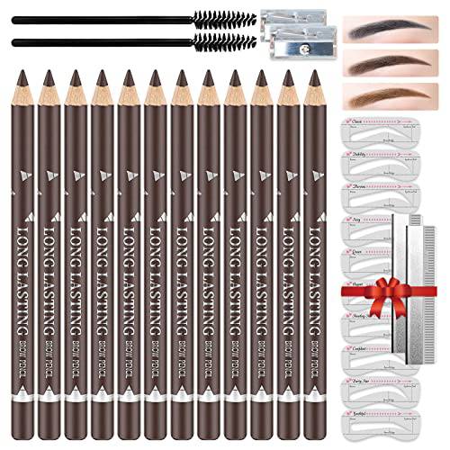 LOKFAR 12 PCS Eye-Brow Pencil Set, Waterproof Eyebrow Pencil Microblading Eyebrow Pen Supplies Kit, Eyebrow Tattoo Makeup with 2 Sharpener, 10 Brow Stencils and Eyebrows Essential Tools (Dark Brown)