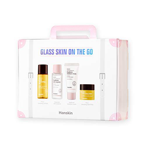 Hanskin Glass Skin On The Go Set, Essential Travel Skincare Set for Glowing Skin on the Plane, Cleansing Oil Skin Essence and Moisturizer [Set of 4/30 ml each]