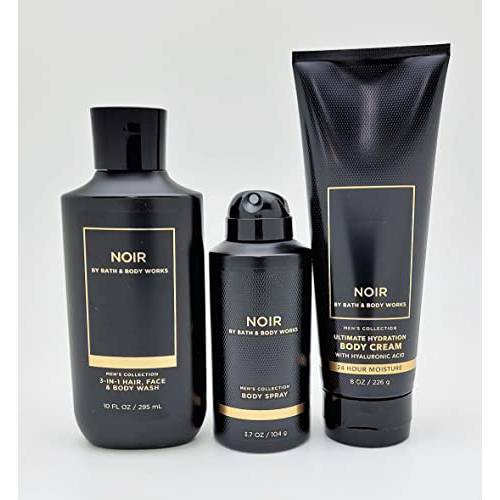 Bath & Body Works - Noir – For Men - 3 pc Bundle - 3-in-1 Hair, Face & Body Wash, Deodorizing Body Spray and Ultimate Hydration Body Cream – 2021