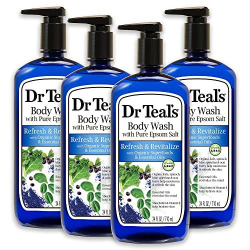 Dr Teal’s Body Wash with Pure Epsom Salt Refresh & Revitalize with Organic Superfoods & Essential Oils 24 fl oz (Pack of 4)