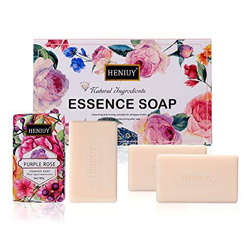 HENTUY purple rose soap, floral shower soap, natural ingredients, gentle to sensitive skin, moisturizing skin, 6.35 oz each, three soap bars