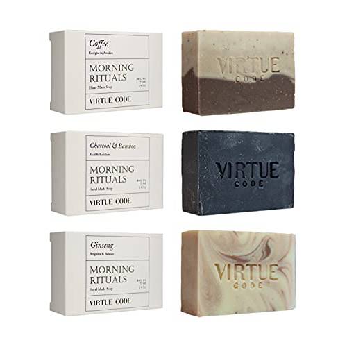 VIRTUE CODE Morning Rituals Handmade Soap for Men. 3 Pack Variety Pack Unique Homemade Bath Soap Bars. All Natural Soap Bar, Face and Body Soap Bars. Glycerin Soaps Natural Bar Soap for Men and Women.