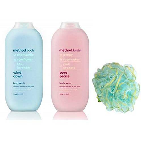 Method Body, Body Wash - Wind Down, Pure Peace (Each 18 fl oz 532 ml) With Exfoliating Mesh Loofah Pouf - Shower and Bath Set of 3