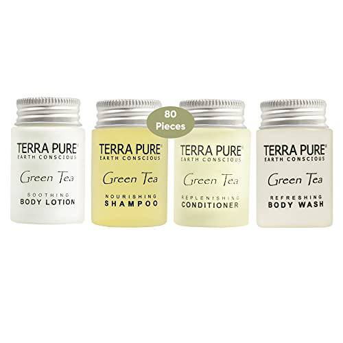 Terra Pure Green Tea 1.0 oz. Toiletries Set | 1-Shoppe All-In-Kit Amenities For Hotels, Airbnb & Rentals | Hotel Shampoo & Conditioner, Body Wash, Body Lotion | 80 Piece Travel Set