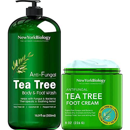 New York Biology Tea Tree Body Wash with Tea Tree Oil Foot Cream for Dry Cracked Feet - Helps Jock Itch & Itchy Skin, Nail Fungus, Athletes Foot, Eczema & Body Odor, Ringworms – Moisturizing Cream