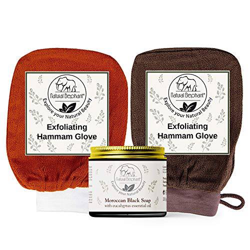 Natural Elephant Moroccan Black Soap 200g (7oz) and 2 Pack Exfoliating Hammam Glove Combo (Brown and Orange)