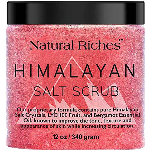 Natural Riches Himalayan Salt Exfoliating Body Scrub Lychee Bergamot Essential oil with Vitamin C - (12 Oz / 340 gm) Moisturize Deep Cleansing foot scrub body skin exfoliator